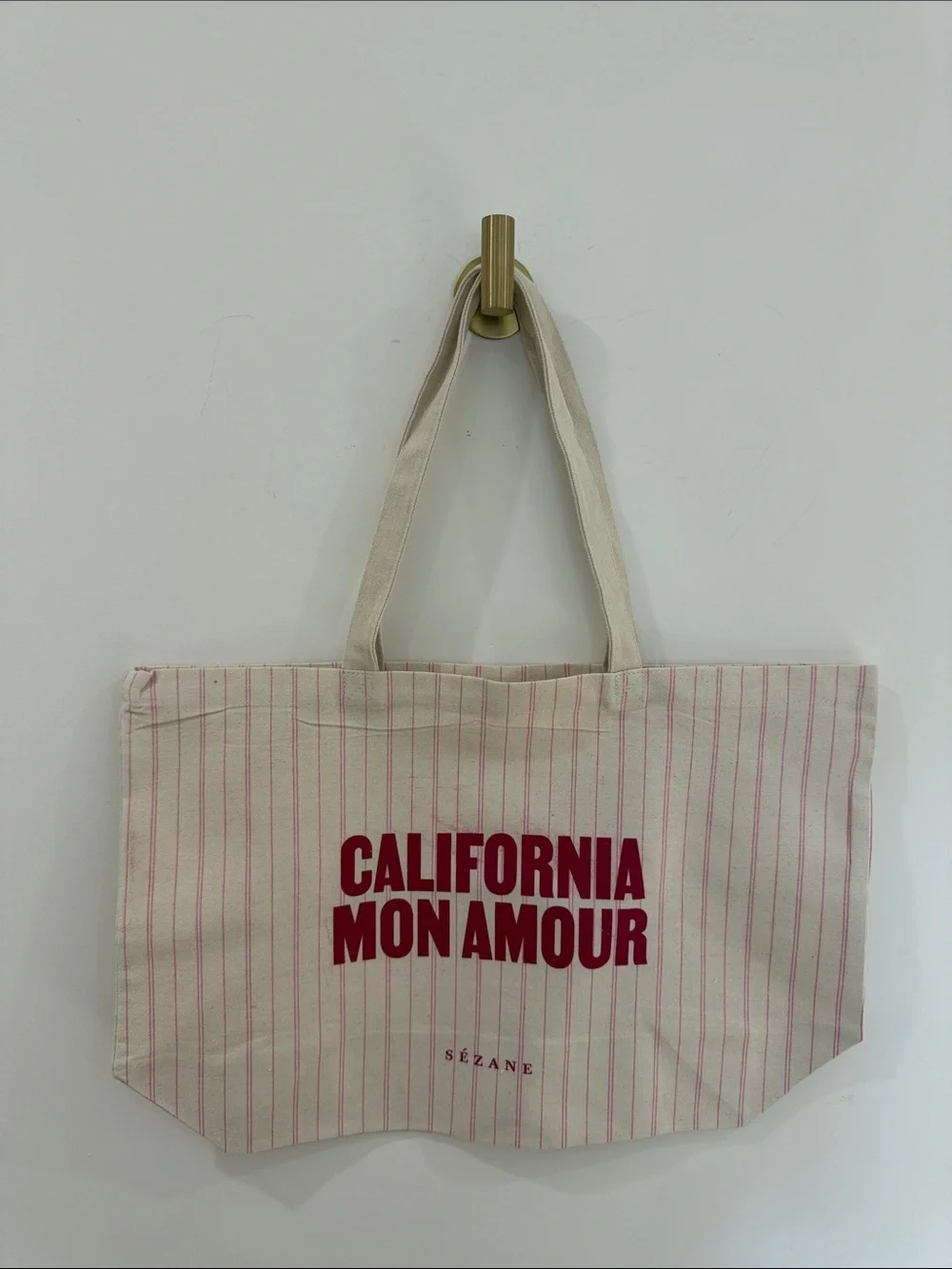 Sezane Cream Tote with Red Logo and Pink Pinstripes